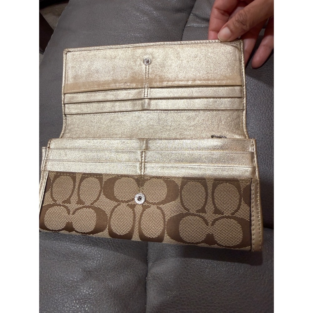 Coach Signature C Monogram Canvas Long Tri-Fold Wallet Metallic Gold Leather - Picture 4 of 13